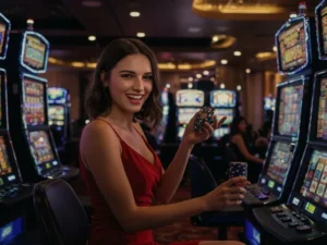 sfslive Smiling Woman Holding Slot Chips happy casino moment