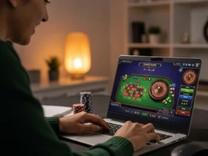 747 Live Play Smiling Person Watching Roulette Spin fun anticipation