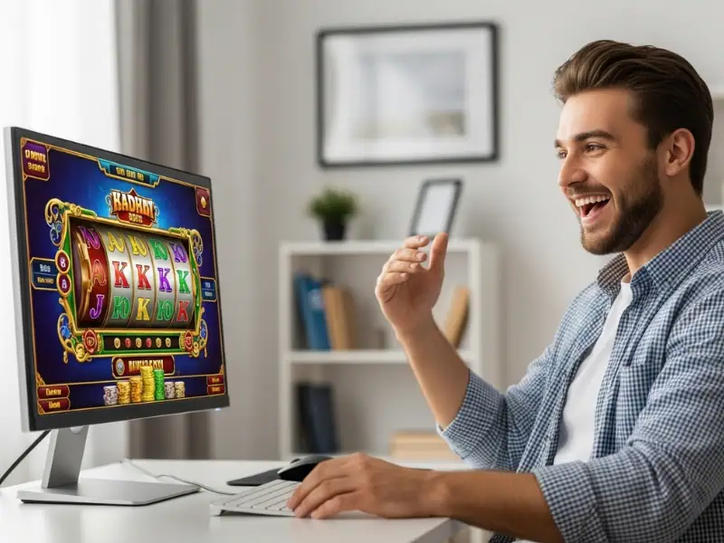 747live Casino Smiling Man Pressing Slot Spin Button Z7live1.ph happy moment