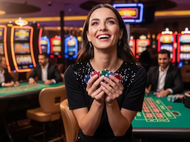 sfslive bet woman standing holding chips z7live1 confidently posing