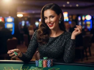 Lady enjoying a blackjack game at BetKing online casino inside a lively casino