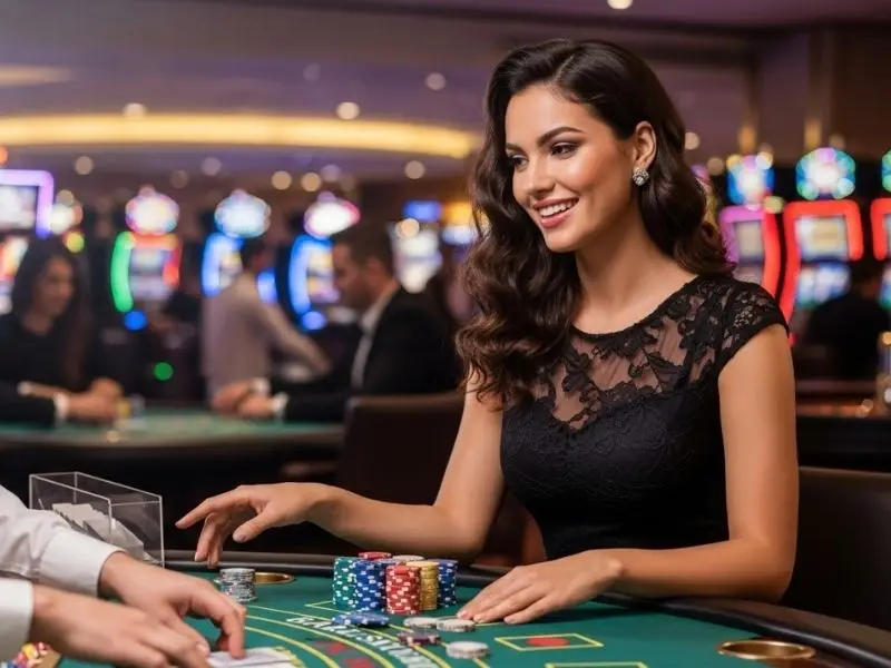 Woman happily playing a table game at a casino, enjoying her winnings at BetKing online casino.