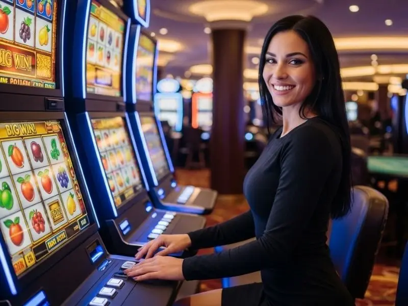 Lady laughing while playing slots machine at BetKing online casino inside a lively casino floor