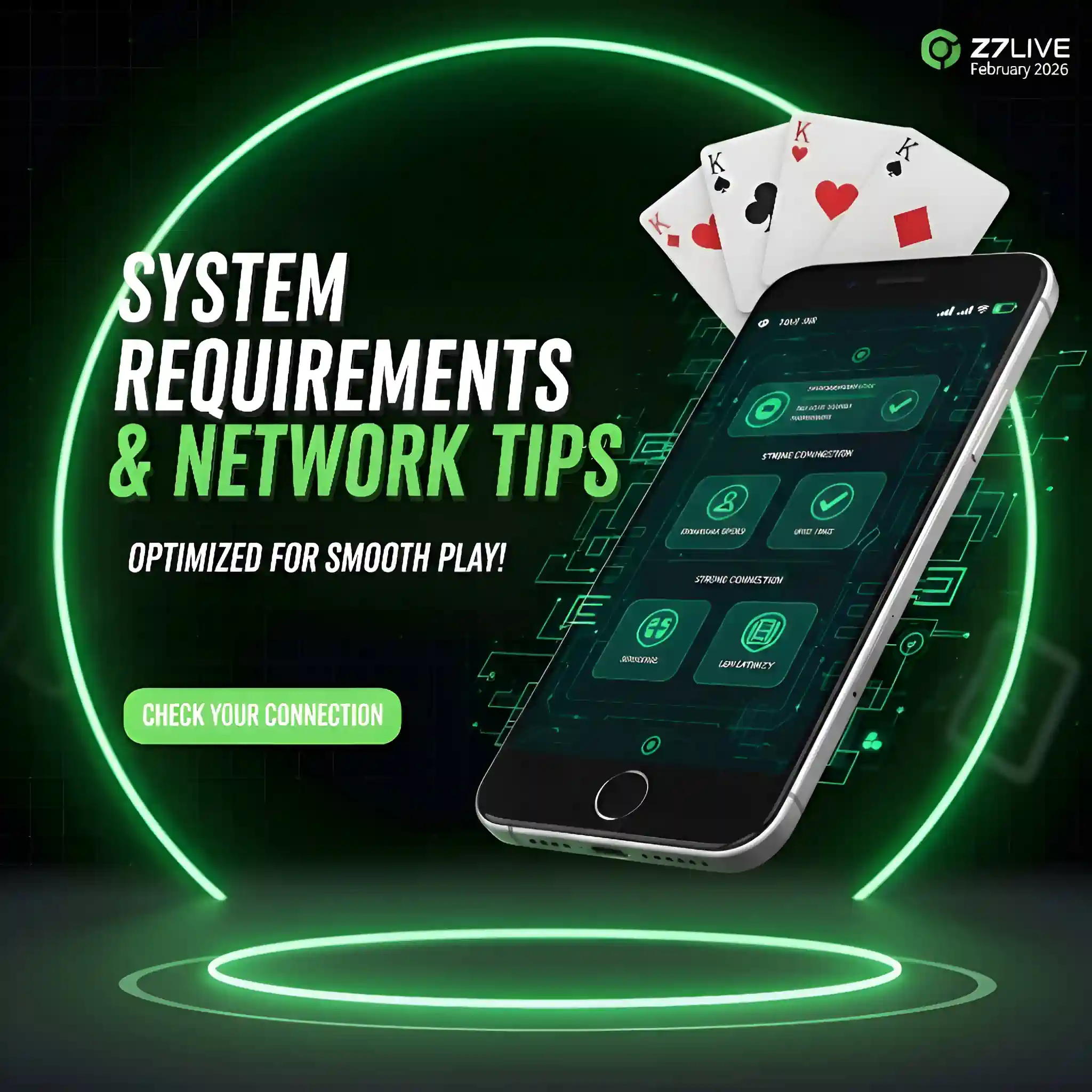 Download app system requirements and network tips guide for Z7live supported by 747 Live displayed on a mobile screen inside a casino environment