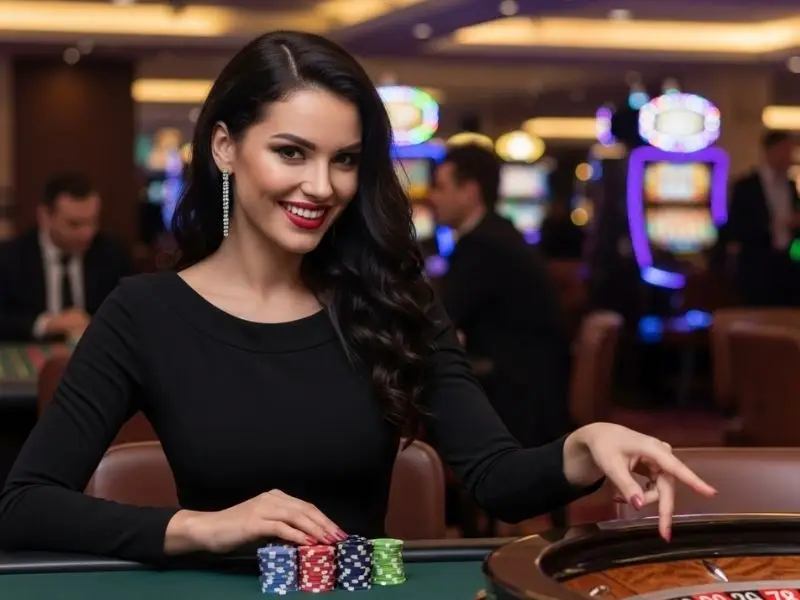 Lady smiling while playing roulette at Lucky Calico Online Casino inside a vibrant casino floor