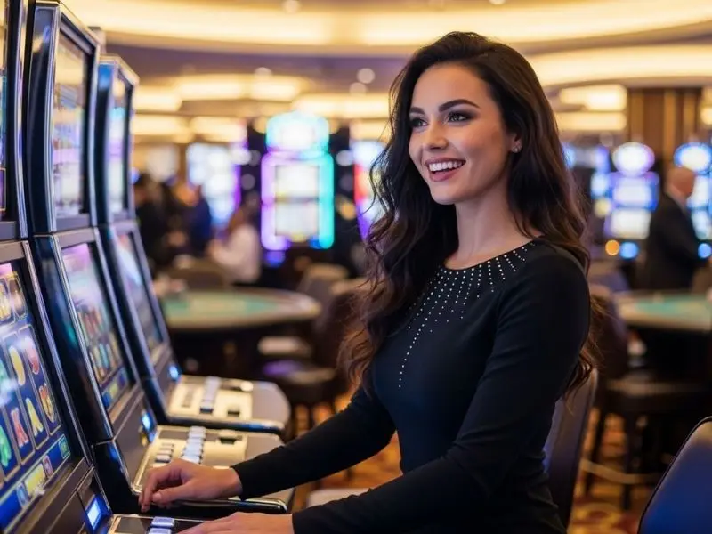 Lady smiling while playing slots at Lucky Calico Online Casino inside a lively casino