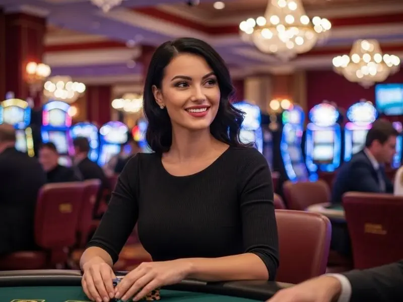 Lucky Calico Online Casino smiling woman resting her hands on casino chips inside a vibrant casino floor