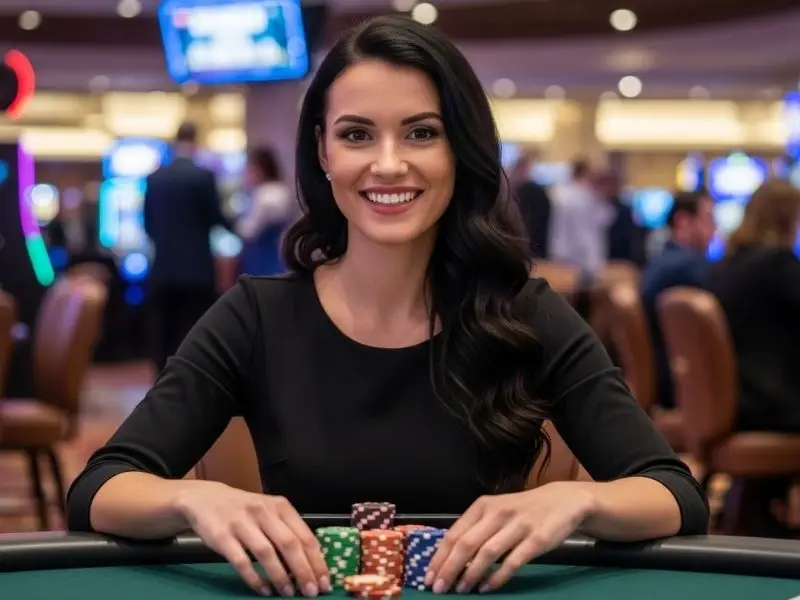 Happy lady holding a stack of chips inside a casino during phl163 online casino login session