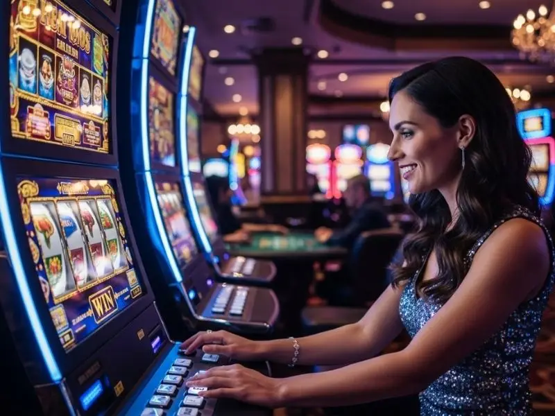 Lady happily playing slot games inside a casino during phl163 online casino login session