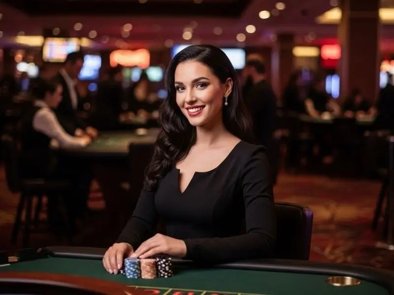 Lady smiling happily at the roulette table during phl163 online casino login inside a modern casino