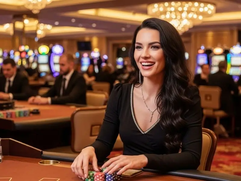 Smiling lady resting her hands on poker chips inside a casino during phl163 online casino login session