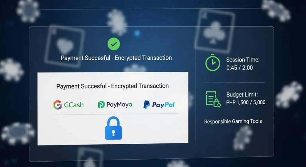 Secure online transaction screen on MNL777 showing encrypted payment and responsible gaming tools