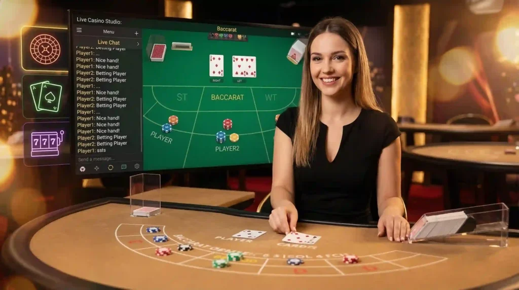 Live dealer hosting baccarat and blackjack online with interactive chat on Free 100 GCash Casino.