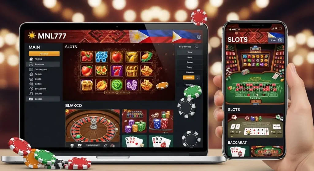 MNL777 online casino dashboard showing slots, blackjack, roulette, and baccarat on laptop and mobile screens