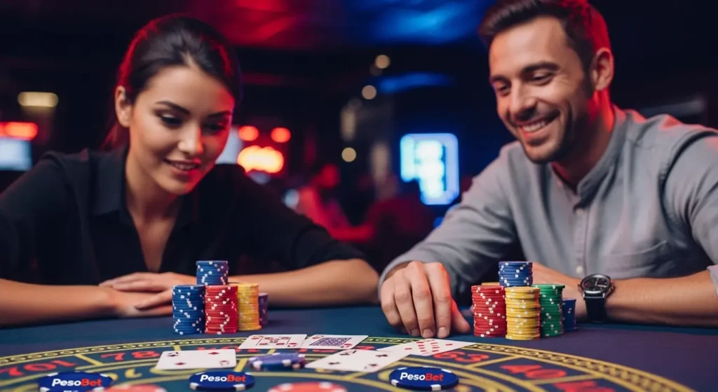 Pesobet Casino live casino table with a dealer, cards, roulette wheel, and enthusiastic players.