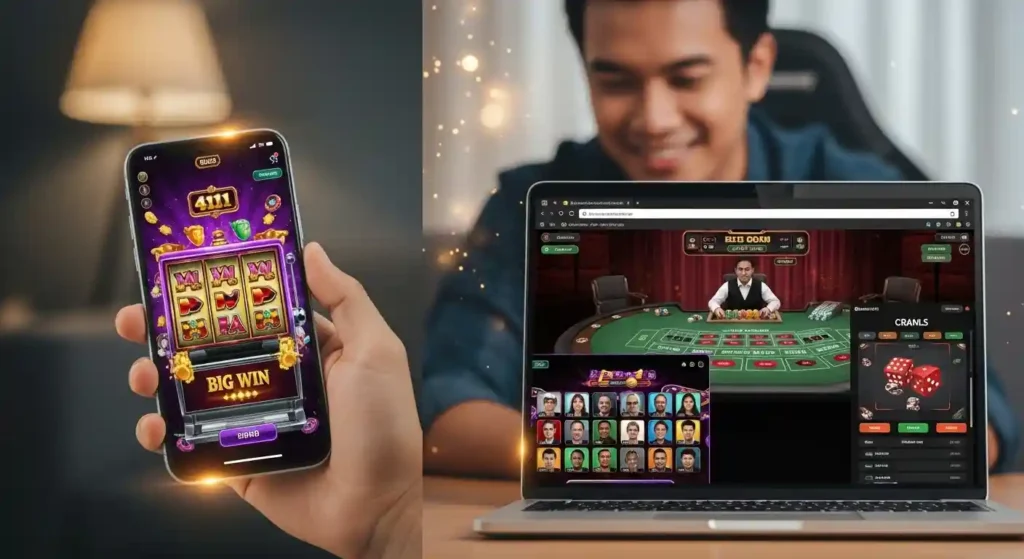 Filipino gamer enjoying online slots and live dealer games on Free 100 GCash Casino on smartphone and laptop.