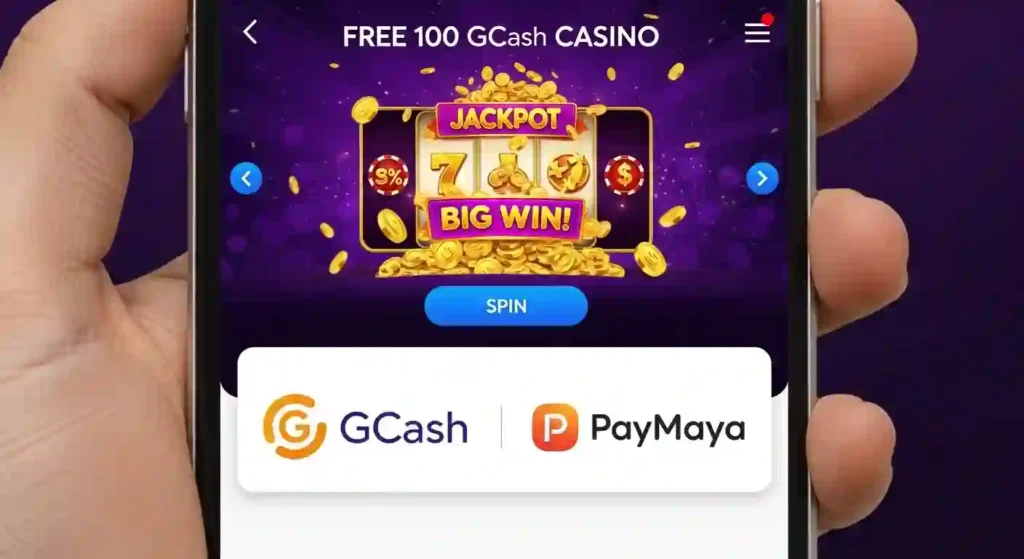 Mobile view of Free 100 GCash Casino with GCash and PayMaya payment options and secure transactions.