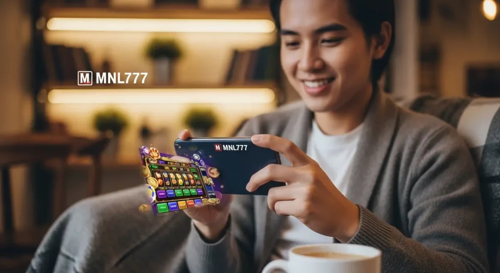 Player enjoying MNL777 online casino games on smartphone in a cozy home setting