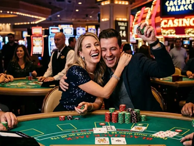 Couple celebrating a blackjack win while playing card games in the Philippines inside a casino