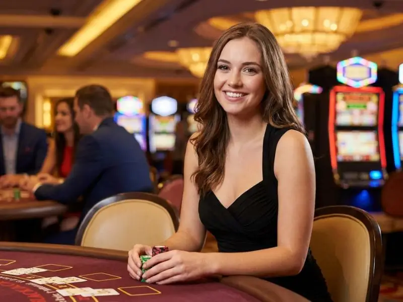 Young woman enjoying card games in the Philippines while holding poker chips at a casino table