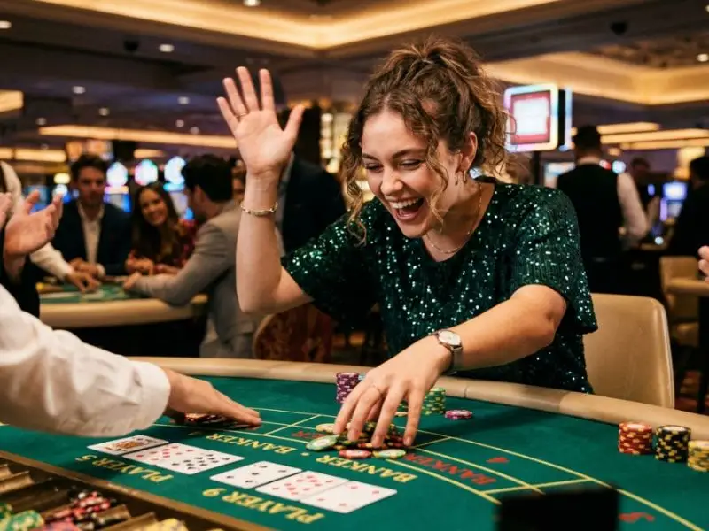 Young woman celebrating a winning baccarat hand while playing card games in the Philippines inside a casino