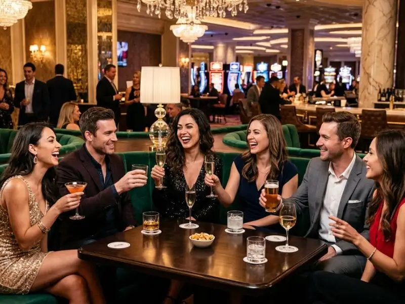 Group of friends enjoying card games Philippines style inside a luxurious casino lounge