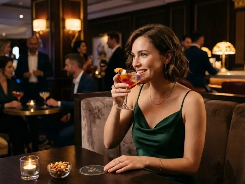 Young woman enjoying card games Philippines while drinking a cocktail in a casino lounge