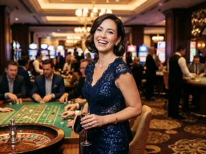 Smiling woman playing card games Philippines, dressed elegantly inside a casino