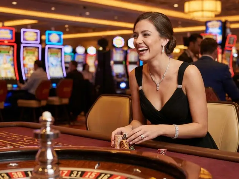 Woman enjoying card games Philippines while playing at a roulette table inside a casino