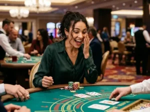 Color block game player reacting to winning baccarat hand inside a casino