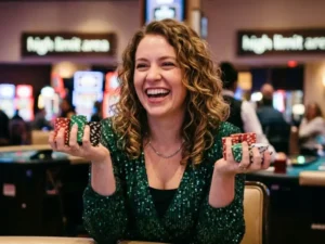 Happy woman celebrating while holding casino chips playing color rush game inside a casino