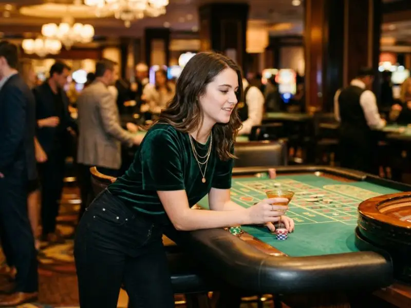 Person leaning on roulette table edge playing color rush game inside a casino