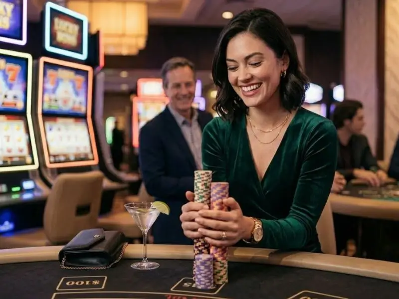 Young woman playing color rush game, stacking colorful casino chips proudly inside a vibrant casino