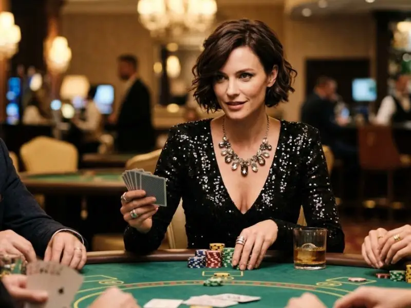 Woman sitting at a poker table playing the color tiles game inside a casino