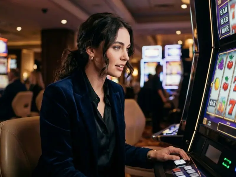 Elegant lady enjoying the slot machines inside a casino, focusing on reels spinning during her gamers888 com login session.