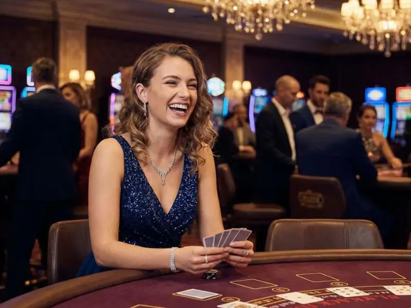 Happy woman enjoying card games at a casino using gamers888 com login