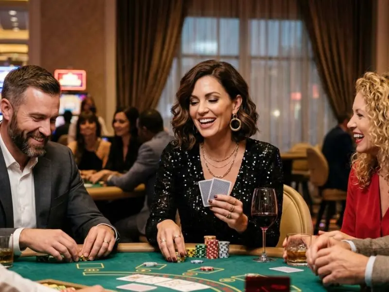 Young woman enjoying poker with friends at jiliko online casino inside a lively casino