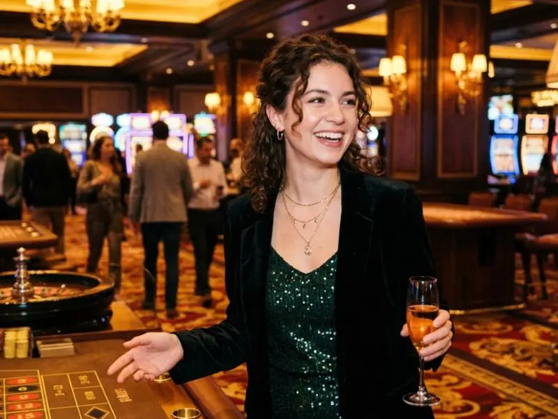 Young woman enjoying casino vibes at Jiliko Online Casino under golden lights