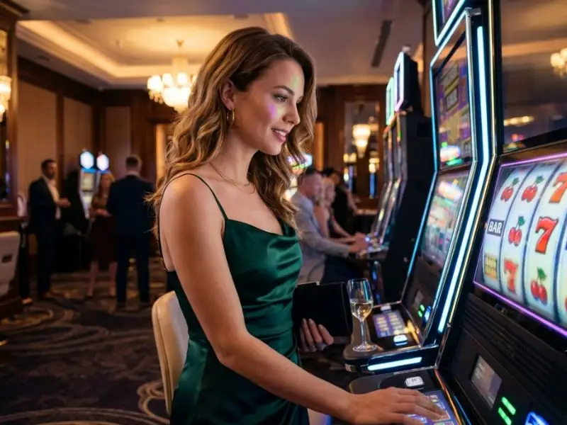 Elegant woman enjoying the casino, watching the Lucky Fortunes slot reels spin