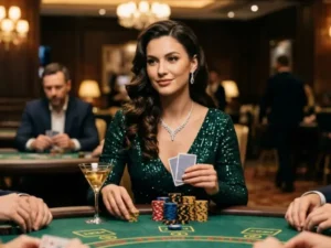 Glamorous woman enjoying her game at a casino poker table with lucky fortunes around her