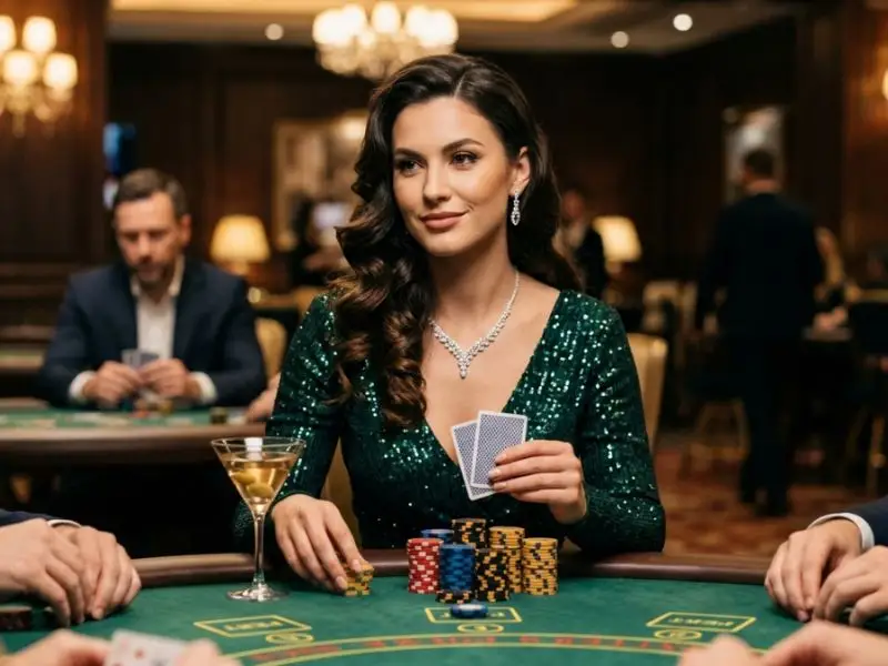 Glamorous woman enjoying her game at a casino poker table with lucky fortunes around her