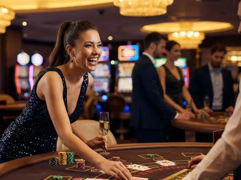 Lucky fortunes woman enjoying casino night life, smiling while playing slot machines indoors