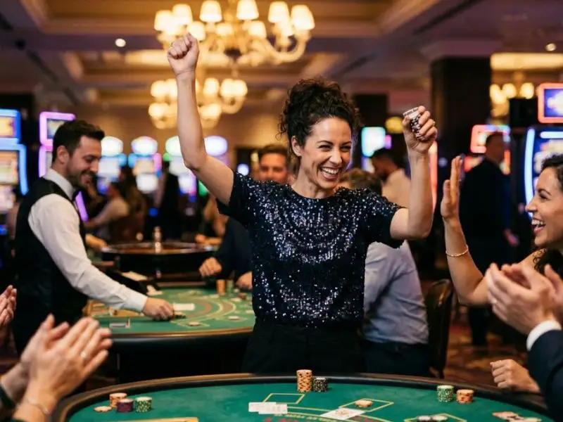 Lucky fortunes woman smiling and enjoying casino vibes while playing slot machines
