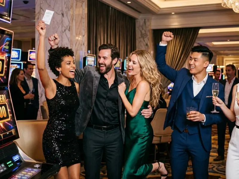 Midori Online Casino friends celebrating jackpot win together inside a lively casino