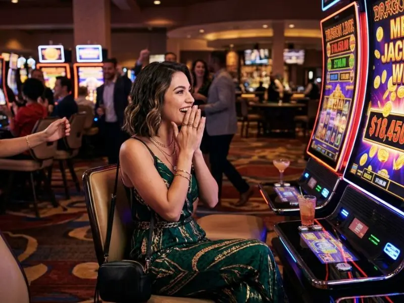 Midori Online Casino woman winning big on a casino slot machine inside a vibrant casino