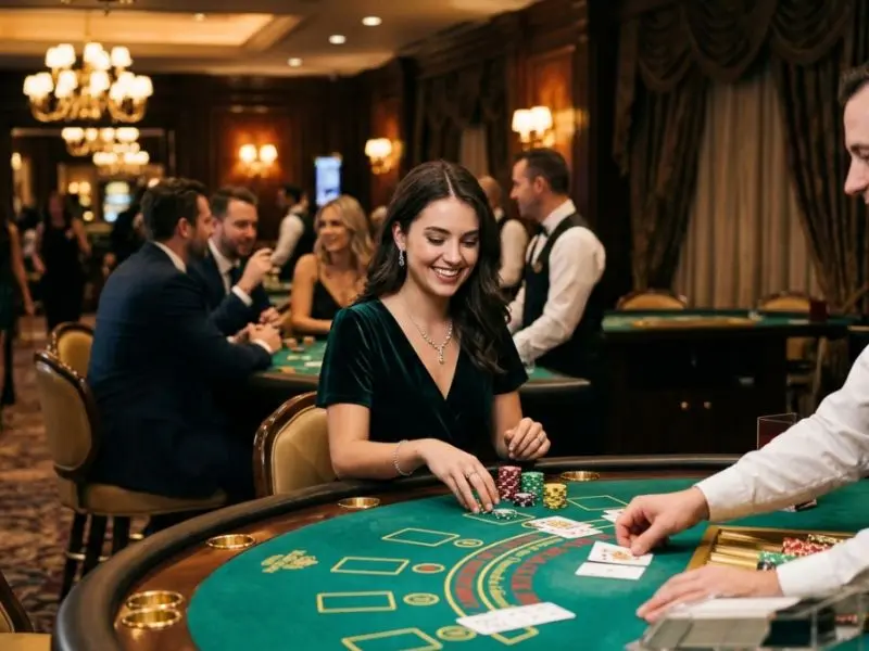 Midori Online Casino young lady smiling while playing blackjack at a casino table