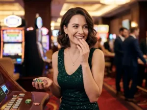 New Golden Empire woman smiling after a big casino win inside the gaming floor