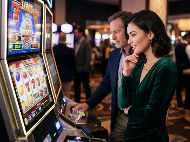Woman watching a slot machine spin at the casino while playing New Golden Empire online casino game