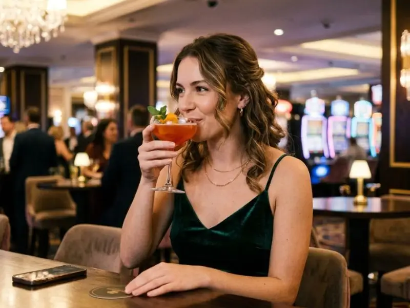 Young woman drinking a cocktail and smiling in a casino lounge at New Golden Empire