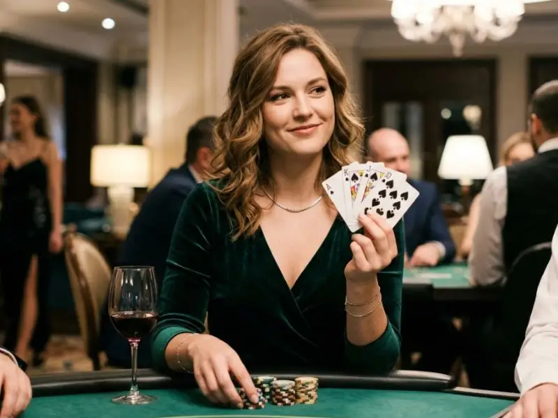 new golden empire young woman holding cards and smiling inside a casino